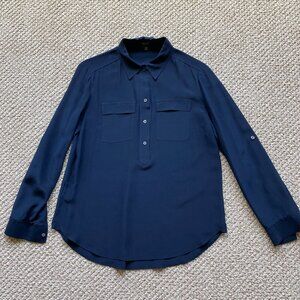 Ann Taylor Silk Camp Shirt | Navy | Petite Small (PS) | 100% Silk | EUC